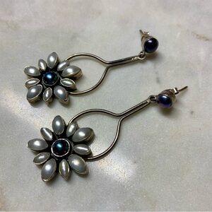 Sterling Silver Freshwater Tahitian Pearl Flower Shaped Drop Dangle Earrings